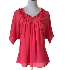 INC International Concepts Pink Embellished Ruffle Detail Sheer Top | NWOT